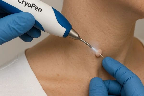 Person receiving Cryotherapy skin tag removal Oxshott