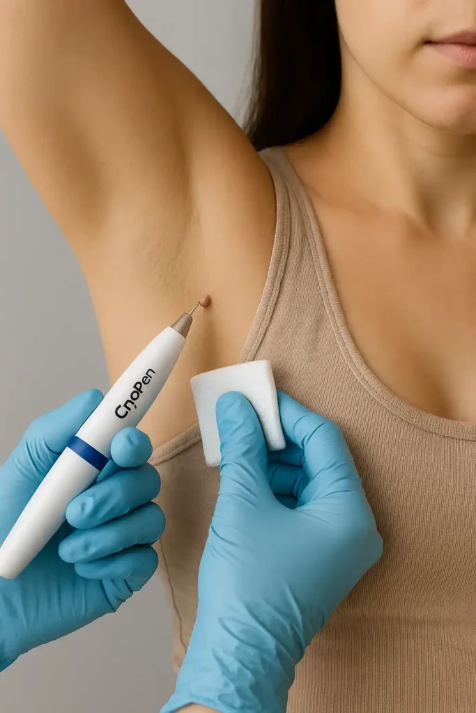 woman having cryopen to remove underarm skin tags Oxshott
