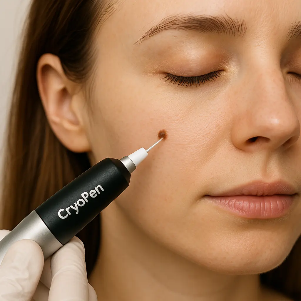 woman receiving facial mole removal Oxshott using cryopen